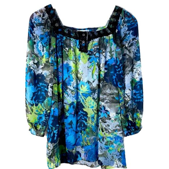 JohnPaulRichard Blue Green Black Sheer Blouse Chic Women’s M Lace Square Neck. - Picture 1 of 10